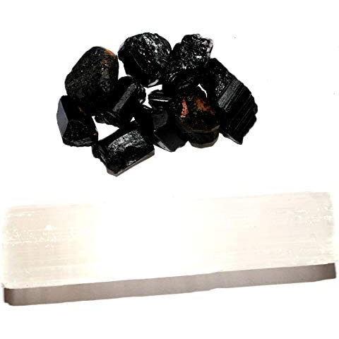 RR SHEIKH GEMS Natural Black Tourmaline Stone Crystal Selenite Wand Combo Healing For Meditation Reiki and Vastu