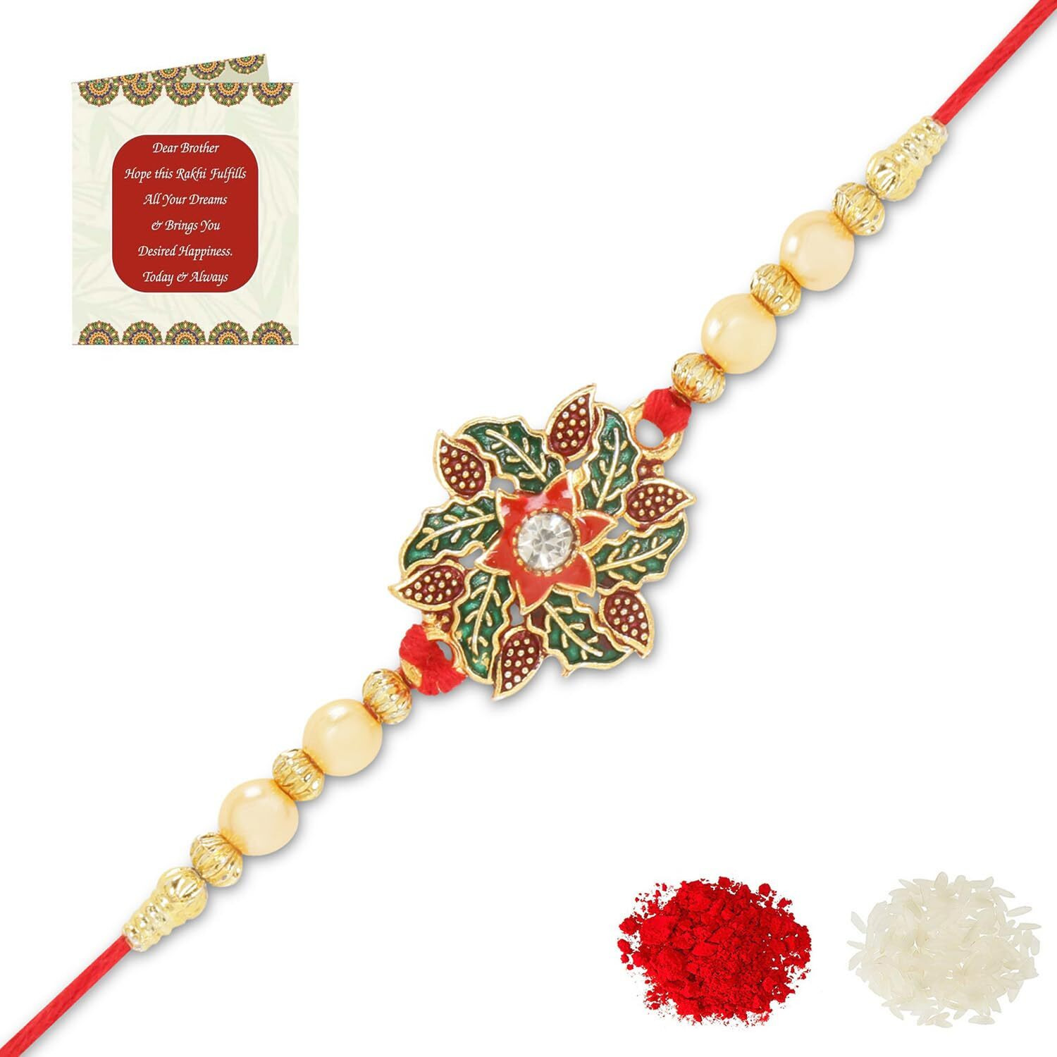 Riddhika Ventures Stunning Gold Plated Designer Brothers Rakhi with Roli Chawal and Greeting Card (E1)
