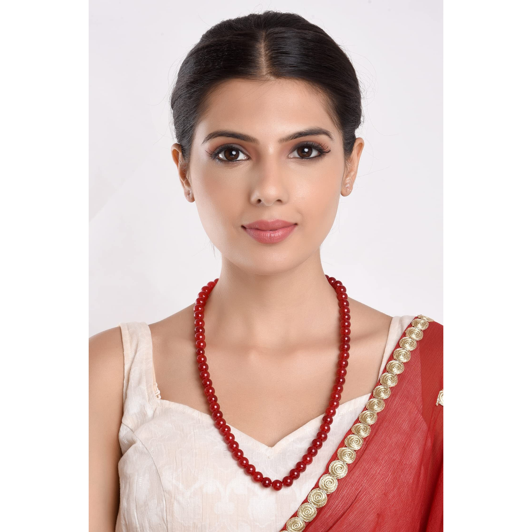 Efulgenz Handcrafted Stylish Party Wear Single Line Red Crystal/Glass Stone Beaded Strand Statement Necklace/Mala for Women and Girls