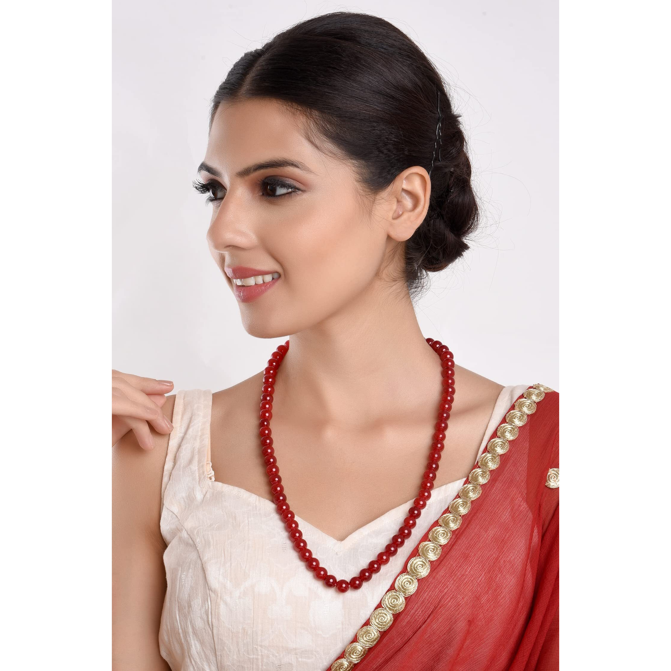 Efulgenz Handcrafted Stylish Party Wear Single Line Red Crystal/Glass Stone Beaded Strand Statement Necklace/Mala for Women and Girls