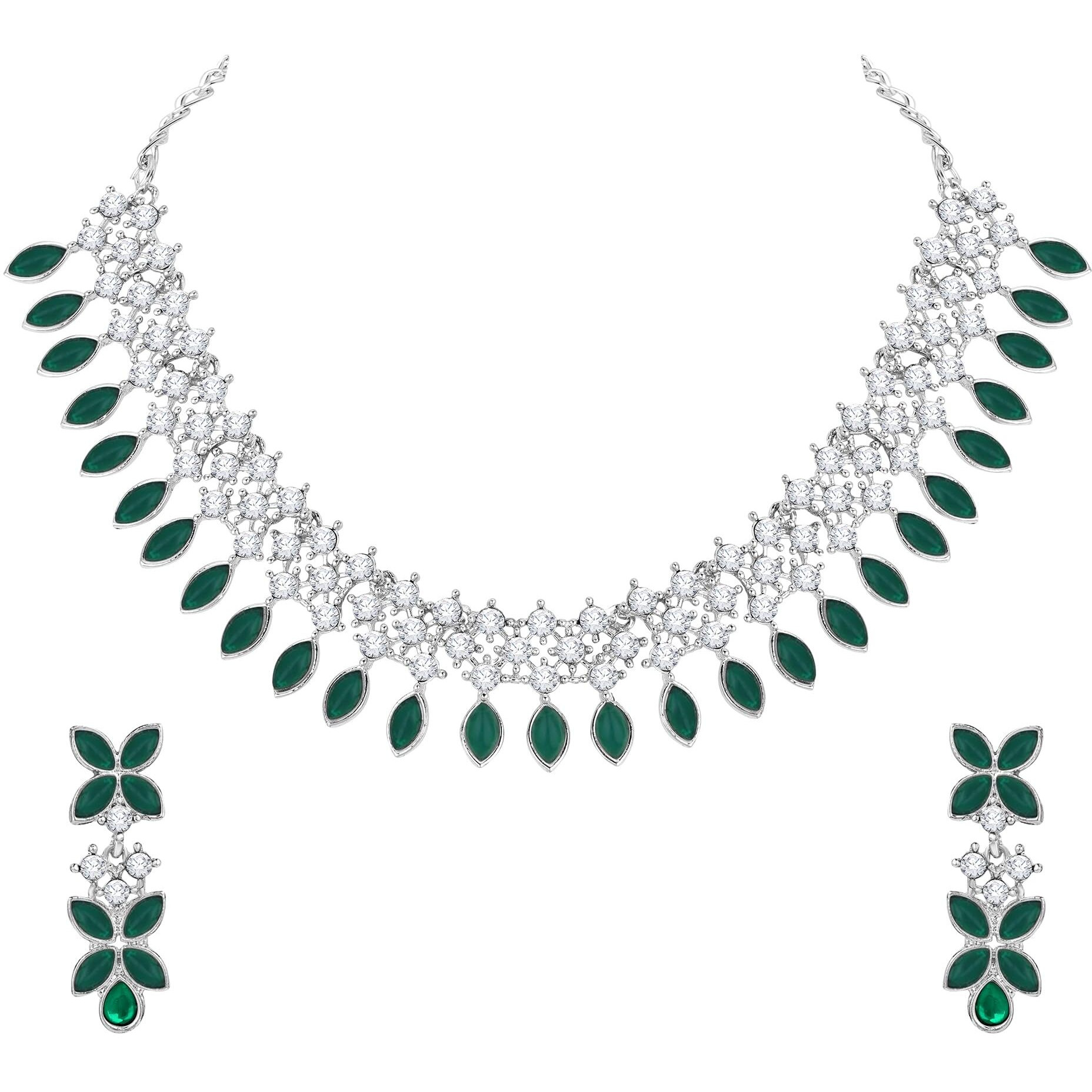 Atasi International Silver Plated Green Crystals AD Diamond Jewellery Necklace Set for Women (RDG5775)