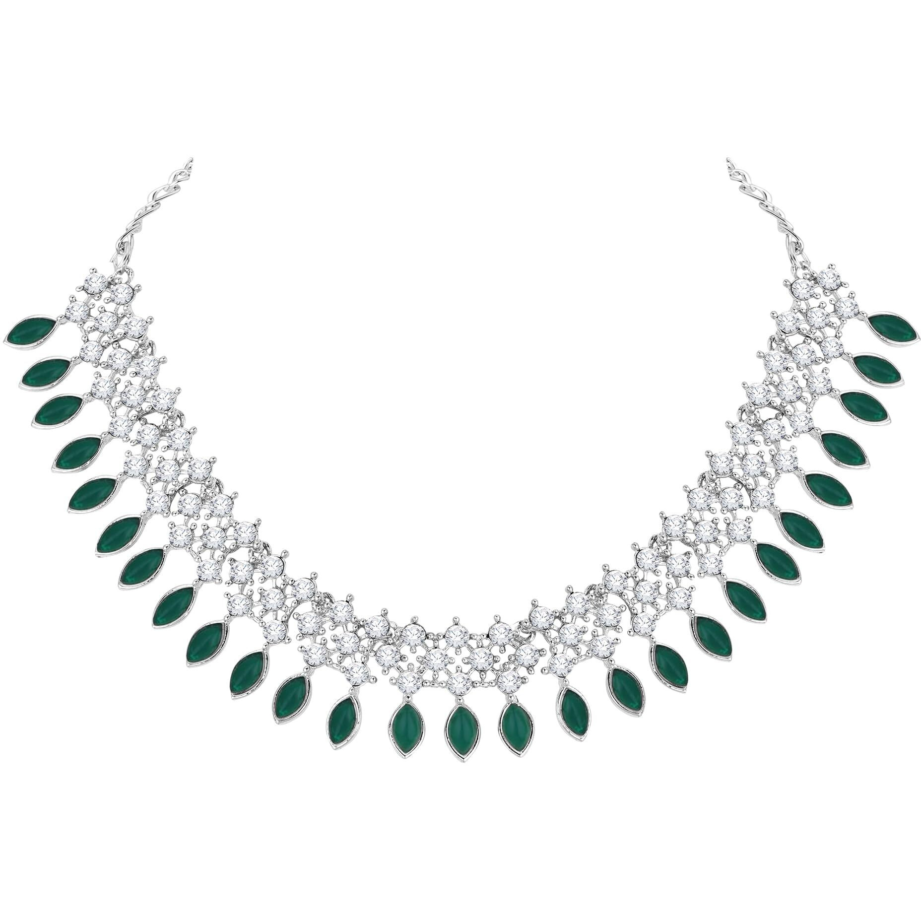 Atasi International Silver Plated Green Crystals AD Diamond Jewellery Necklace Set for Women (RDG5775)
