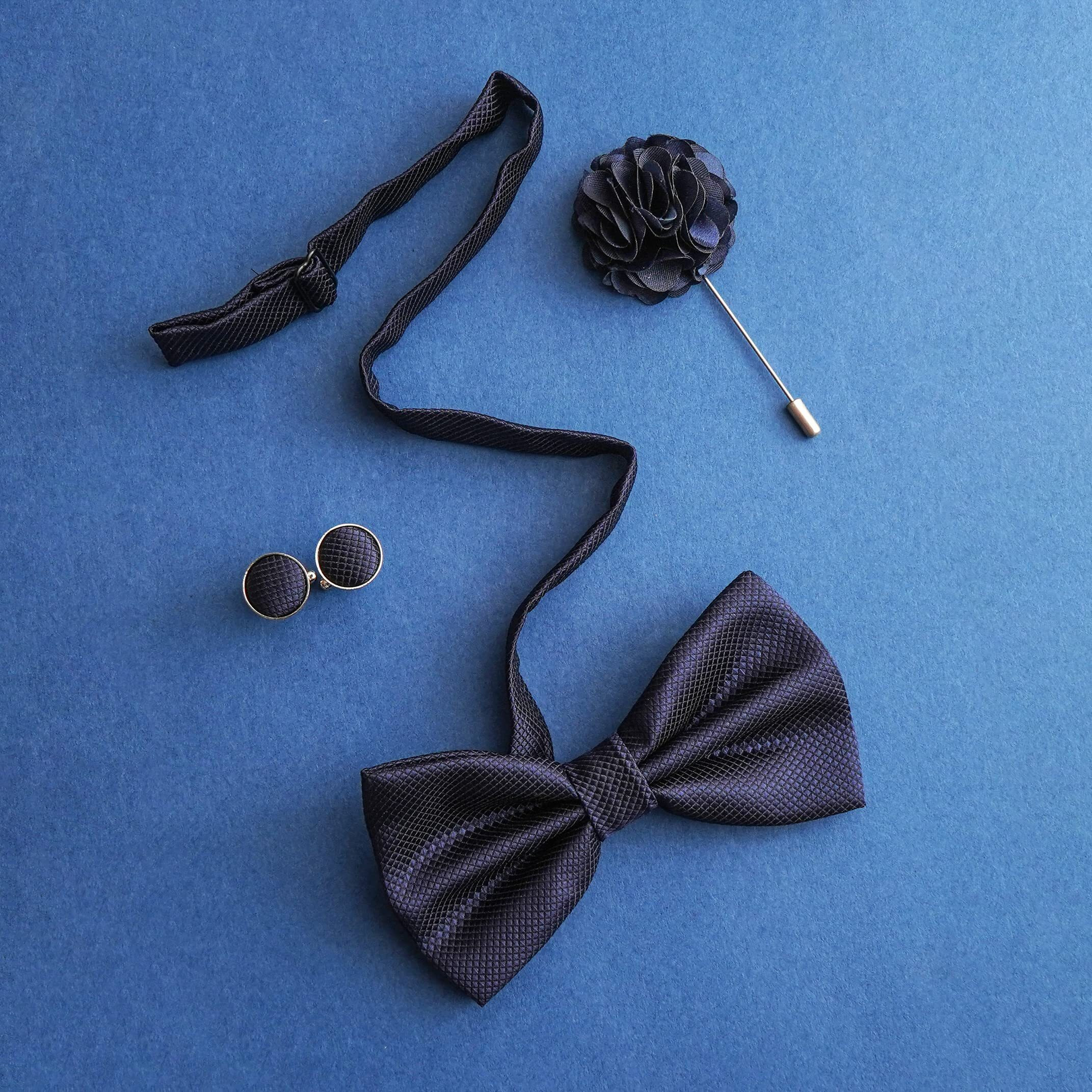 RIZORO Mens Bow Tie For Men With Cufflinks Pocket Square & Brooch Pin in Gift Box (Navy Blue)