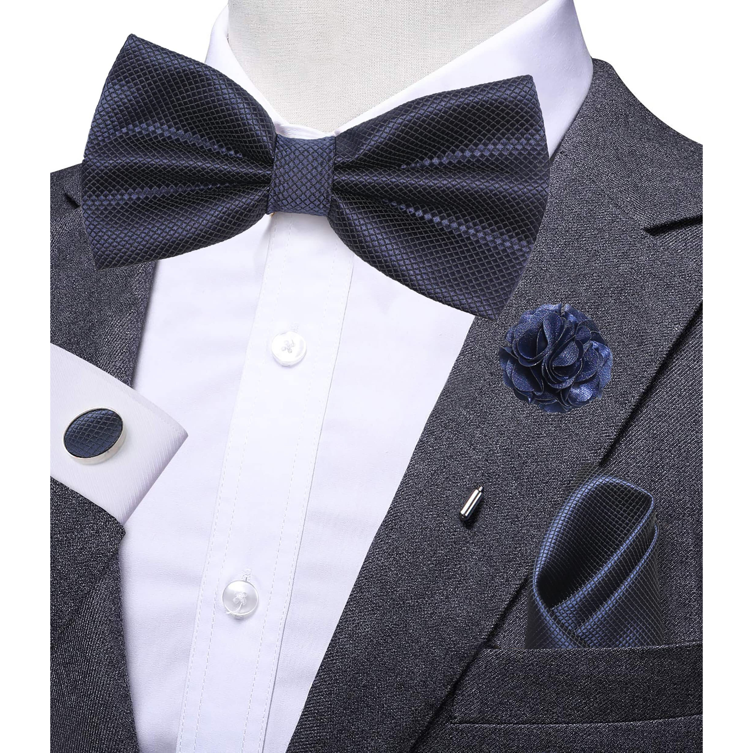 RIZORO Mens Bow Tie For Men With Cufflinks Pocket Square & Brooch Pin in Gift Box (Navy Blue)