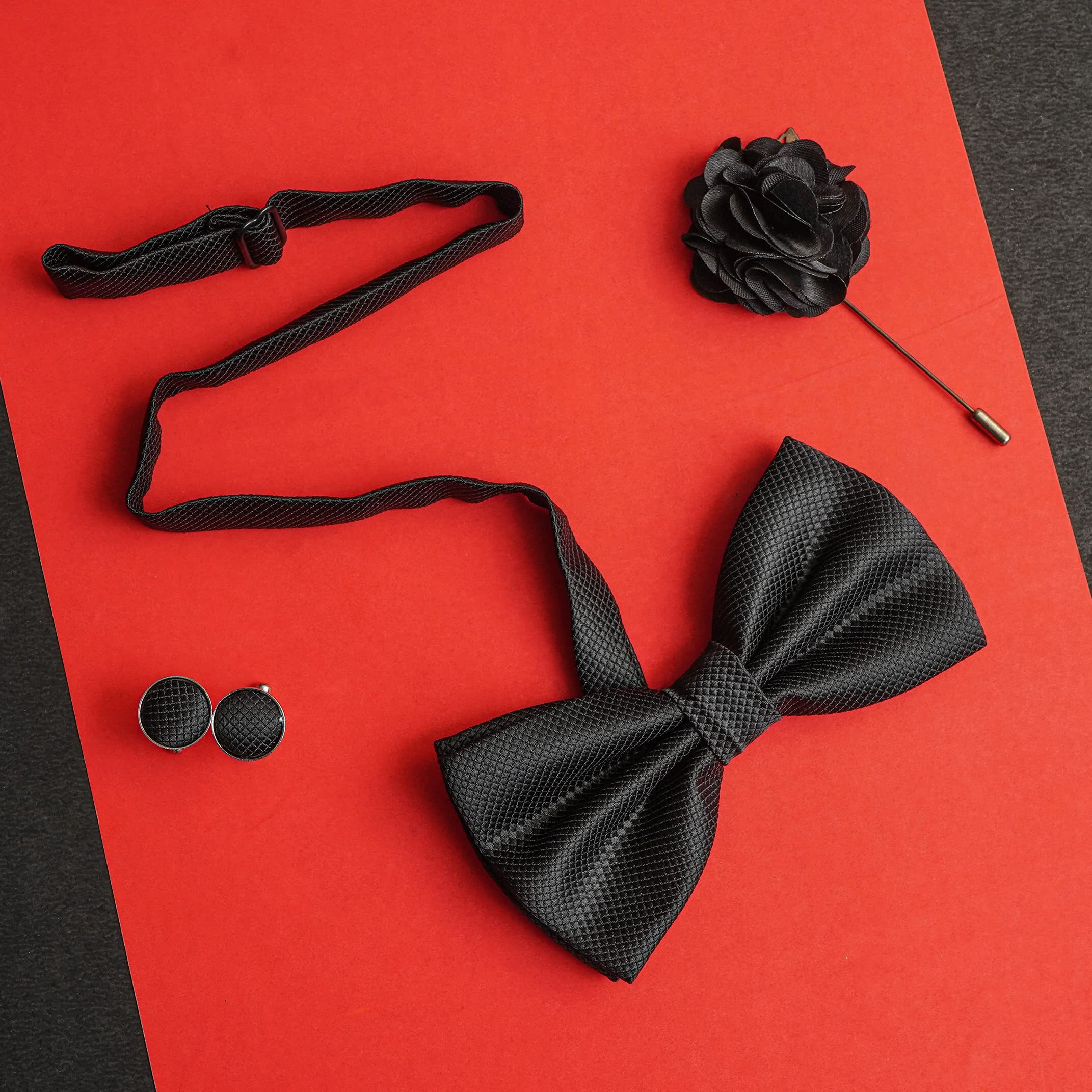 RIZORO Mens Bow Tie For Men With Cufflinks Pocket Square & Brooch Pin in Gift Box (Black)