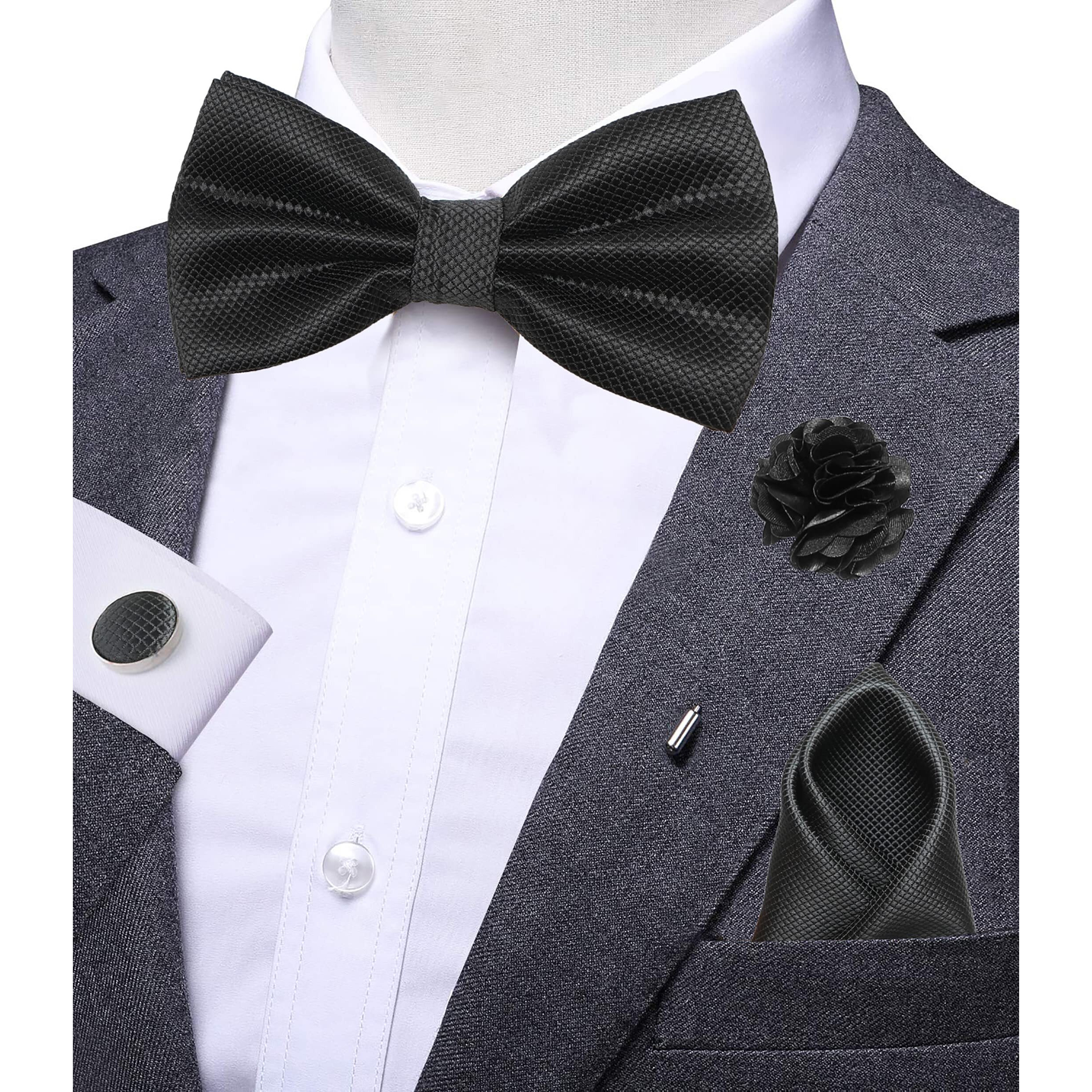 RIZORO Mens Bow Tie For Men With Cufflinks Pocket Square & Brooch Pin in Gift Box (Black)