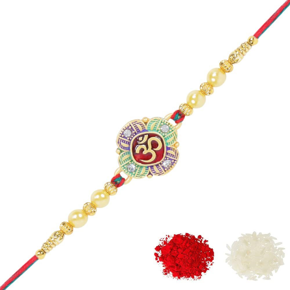 Riddhika Ventures Stunning Gold Plated Designer Peacock and Auspicious kalash Rakhi with Roli Chawal and Greeting Card (P4)