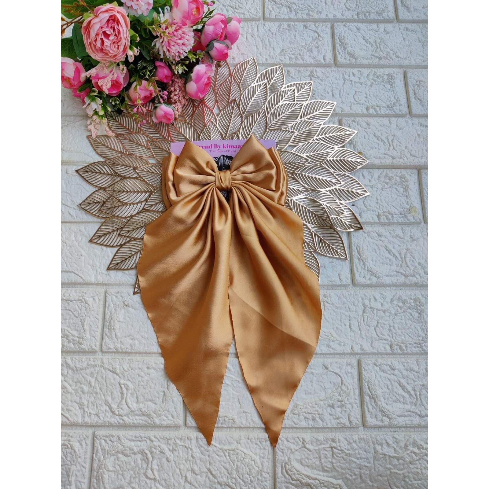 Trend By Kimaayra Luxury Satin Long Tail Hair Bow Alligator clip for Women and Girls, Gift for her, Gift for women (Antique Gold)