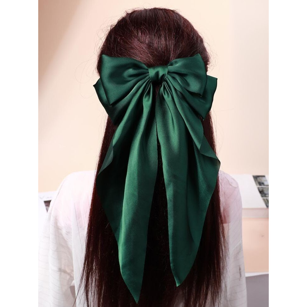 Trend By Kimaayra Luxury Satin Long Tail Hair Bow Alligator clip for Women and Girls, Gift for her, Gift for women, 1 Tail Hair Bow, Free Size (Bottle Green)