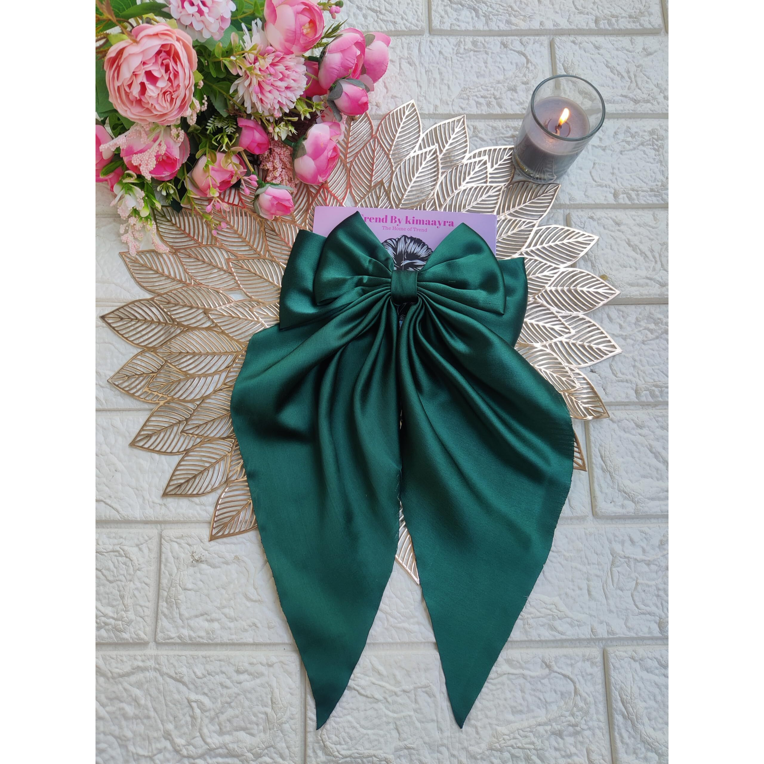 Trend By Kimaayra Luxury Satin Long Tail Hair Bow Alligator clip for Women and Girls, Gift for her, Gift for women, 1 Tail Hair Bow, Free Size (Bottle Green)