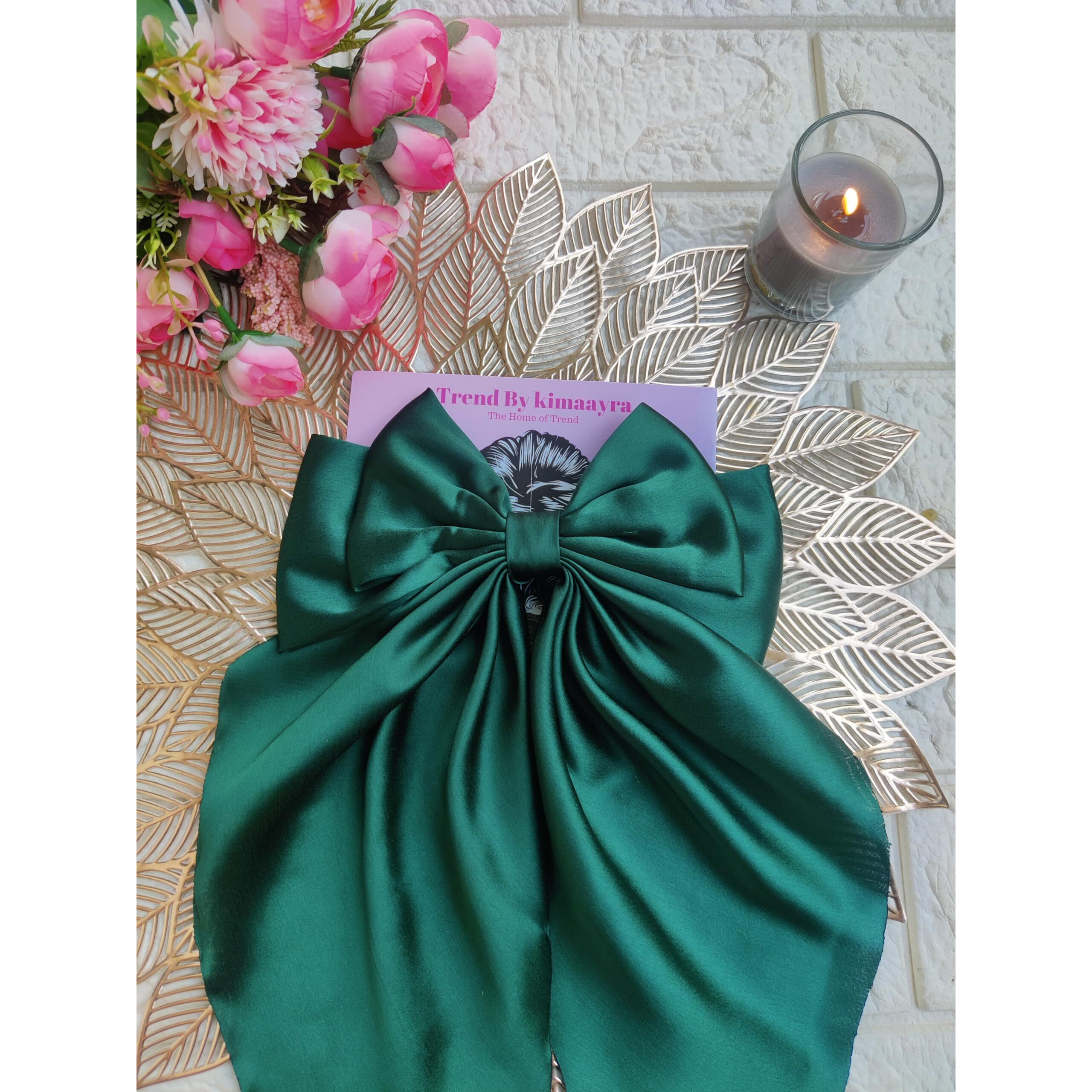 Trend By Kimaayra Luxury Satin Long Tail Hair Bow Alligator clip for Women and Girls, Gift for her, Gift for women, 1 Tail Hair Bow, Free Size (Bottle Green)