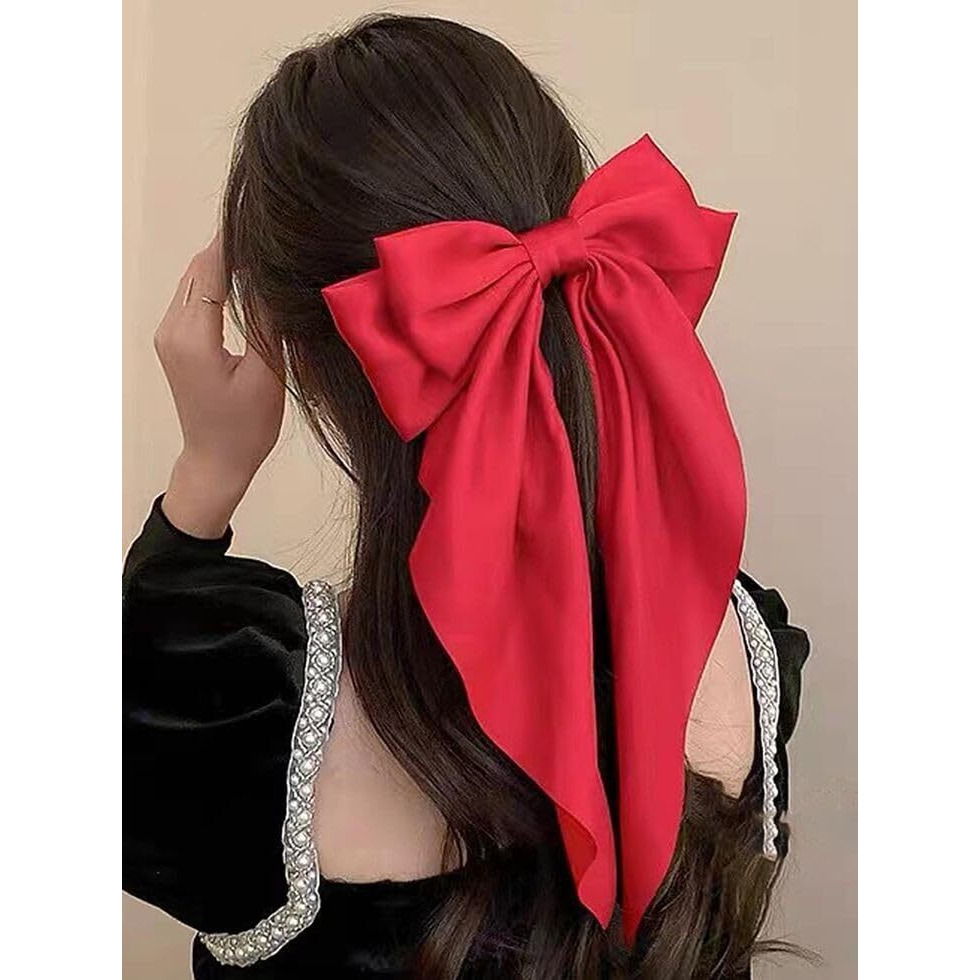 Trend By Kimaayra Luxury Satin Long Tail Hair Bow Alligator clip for Women and Girls, Gift for her, Gift for women, 1 Tail Hair Bow,1 free scrunchie, Free Size (Red)