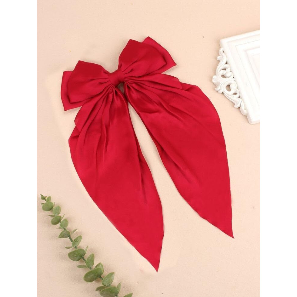 Trend By Kimaayra Luxury Satin Long Tail Hair Bow Alligator clip for Women and Girls, Gift for her, Gift for women, 1 Tail Hair Bow,1 free scrunchie, Free Size (Red)