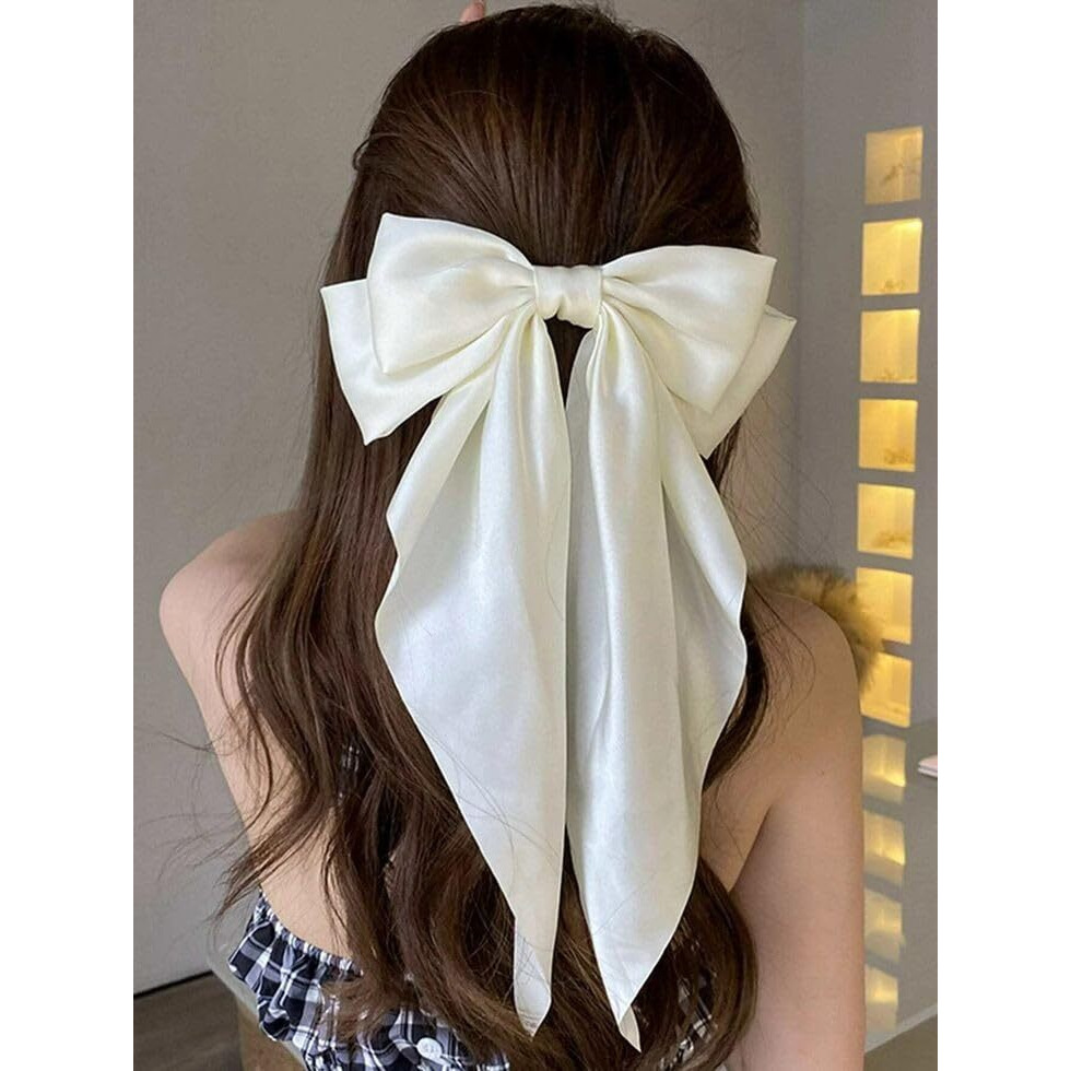 Trend By Kimaayra Luxury Satin Long Tail Hair Bow Alligator clip for Women and Girls, Gift for her, Gift for women, 1 Tail Hair Bow, Free Size (White)