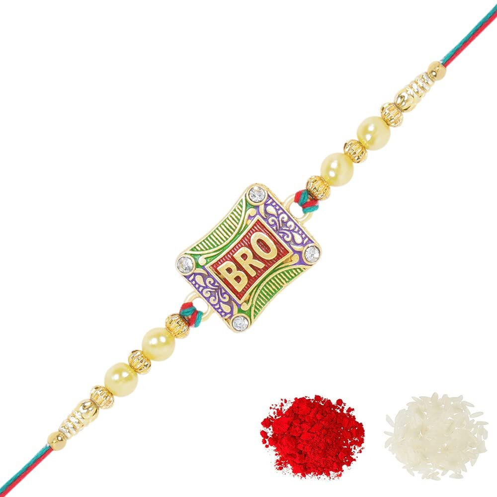 Riddhika Ventures Stunning Gold Plated Designer Peacock and Auspicious kalash Rakhi with Roli Chawal and Greeting Card (P6)