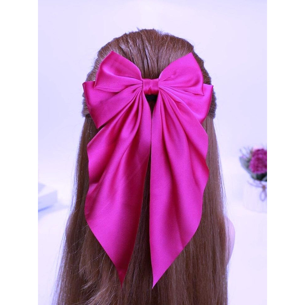 Trend By Kimaayra Luxury Satin Long Tail Hair Bow Alligator clip for Women and Girls, Free Scrunchie, Gift for her, Gift for women, 1 Hair Bow, Free Size (Hot Pink)