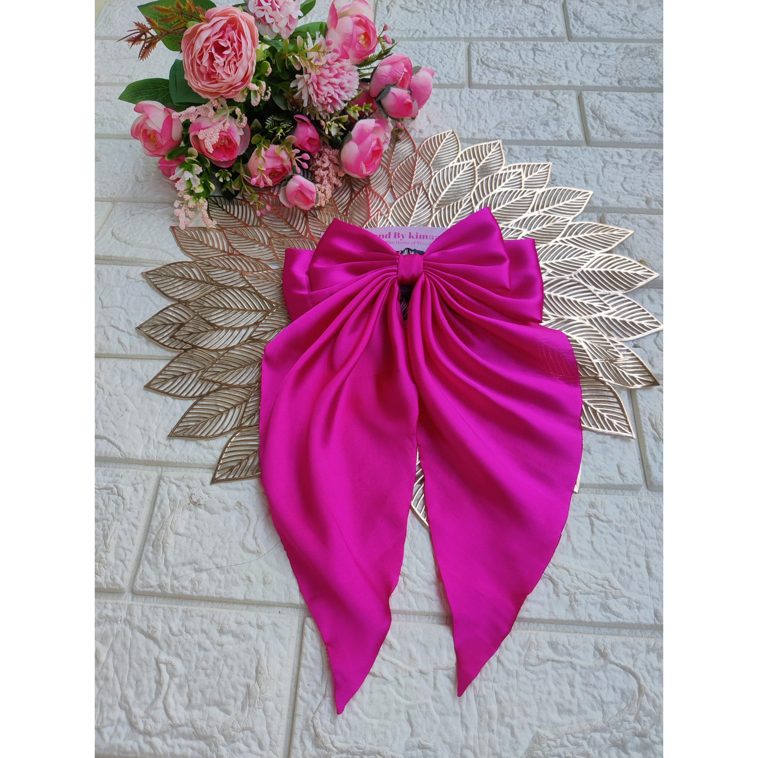 Trend By Kimaayra Luxury Satin Long Tail Hair Bow Alligator clip for Women and Girls, Free Scrunchie, Gift for her, Gift for women, 1 Hair Bow, Free Size (Hot Pink)