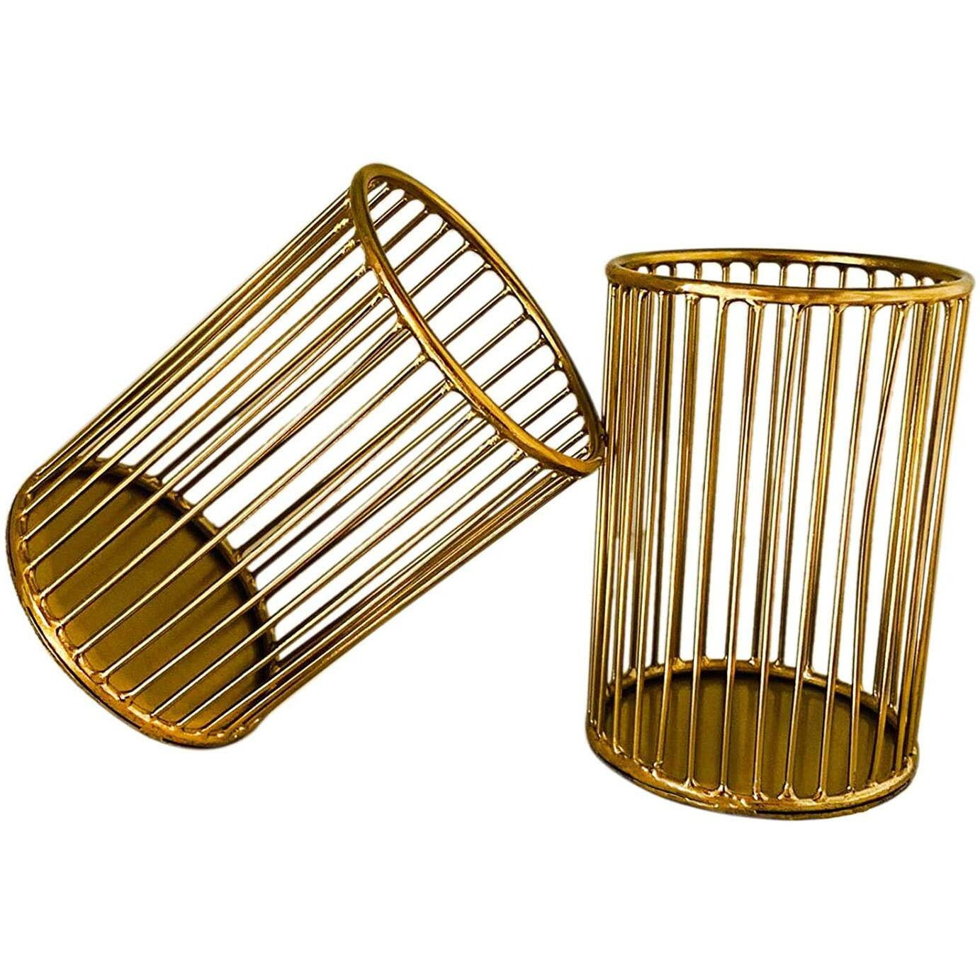 Craft Brio -A TRENDY HANDICRAFTS Metal Pen Pencil and Office Desk Stationery Organizers Holder Diwali Gifting Items (Golden, 3.5 X 3.5 X 5 Inches) - Set of 2