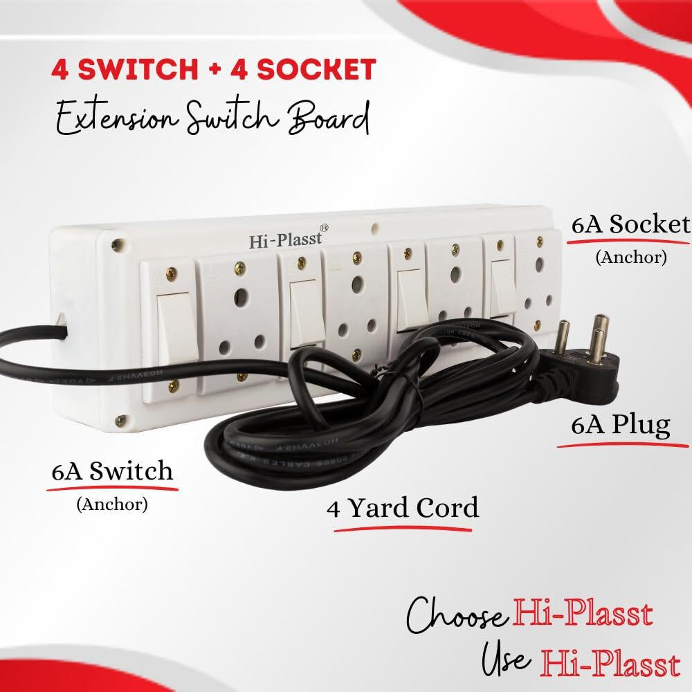 HI PLASST PINS N PLUGS Extension Board(4+4)Junction Box//3Pin Socket 3-Pin Plug Top,4 Switches 4 Sockets Multi-Outlet(6A) Switch Board With 4 Yard Long Cord For Diwali Lights&Christmas Decor,230Volts