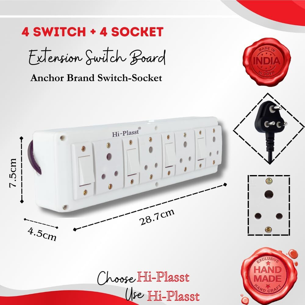 HI PLASST PINS N PLUGS Extension Board(4+4)Junction Box//3Pin Socket 3-Pin Plug Top,4 Switches 4 Sockets Multi-Outlet(6A) Switch Board With 4 Yard Long Cord For Diwali Lights&Christmas Decor,230Volts