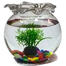 Jainsons Diwali Gift Fish Glass Bowl with Baby Plant Multi Color Stone and Artificial Fish (6 inch, Green1)