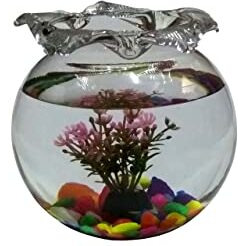 Diwali Gift Glass Fish Bowl with Baby Plant Multi Color Stone and Artificial Fish (8 inch, Purple2)