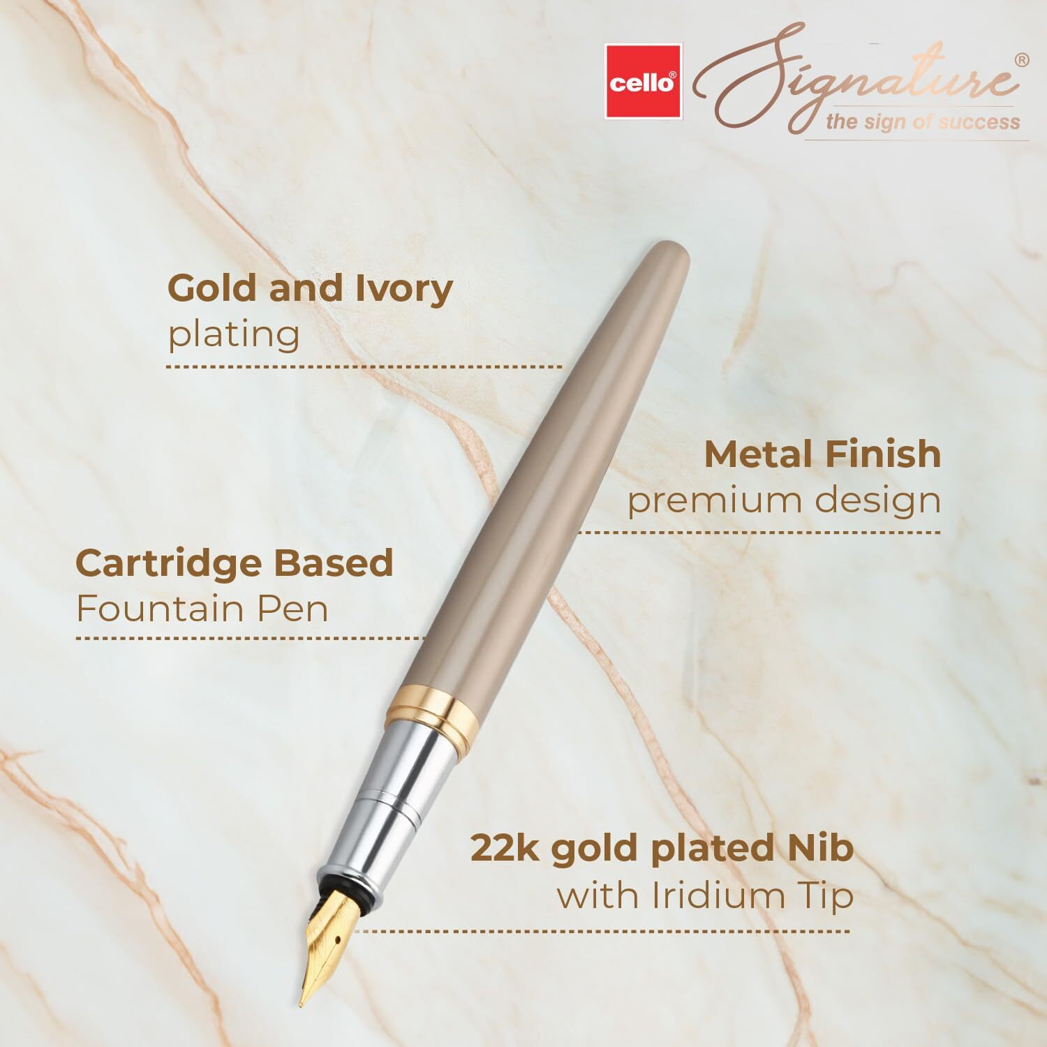 Cello Signature Crme Ivory Fountain Pen|Blue Ink|1 Fountain Pen + 1 Ink Cartridge|Iridium Nib|Premium Metal Pen|Stylish Gifts for Men & Women|Best Diwali Gift|Corporate Gifting
