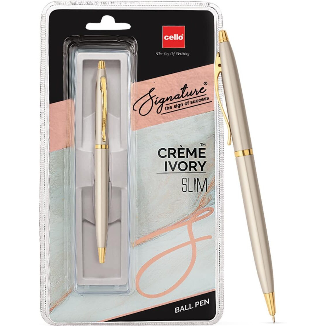 Cello Signature Crme Ivory Slim Ball Pen|Blue Ink|1 Ball Pen|Ivory and Gold Finish|Premium Metal Pens for Office Use|Stylish Gifts for Men & Women|Best Diwali Gift|Corporate Gifting
