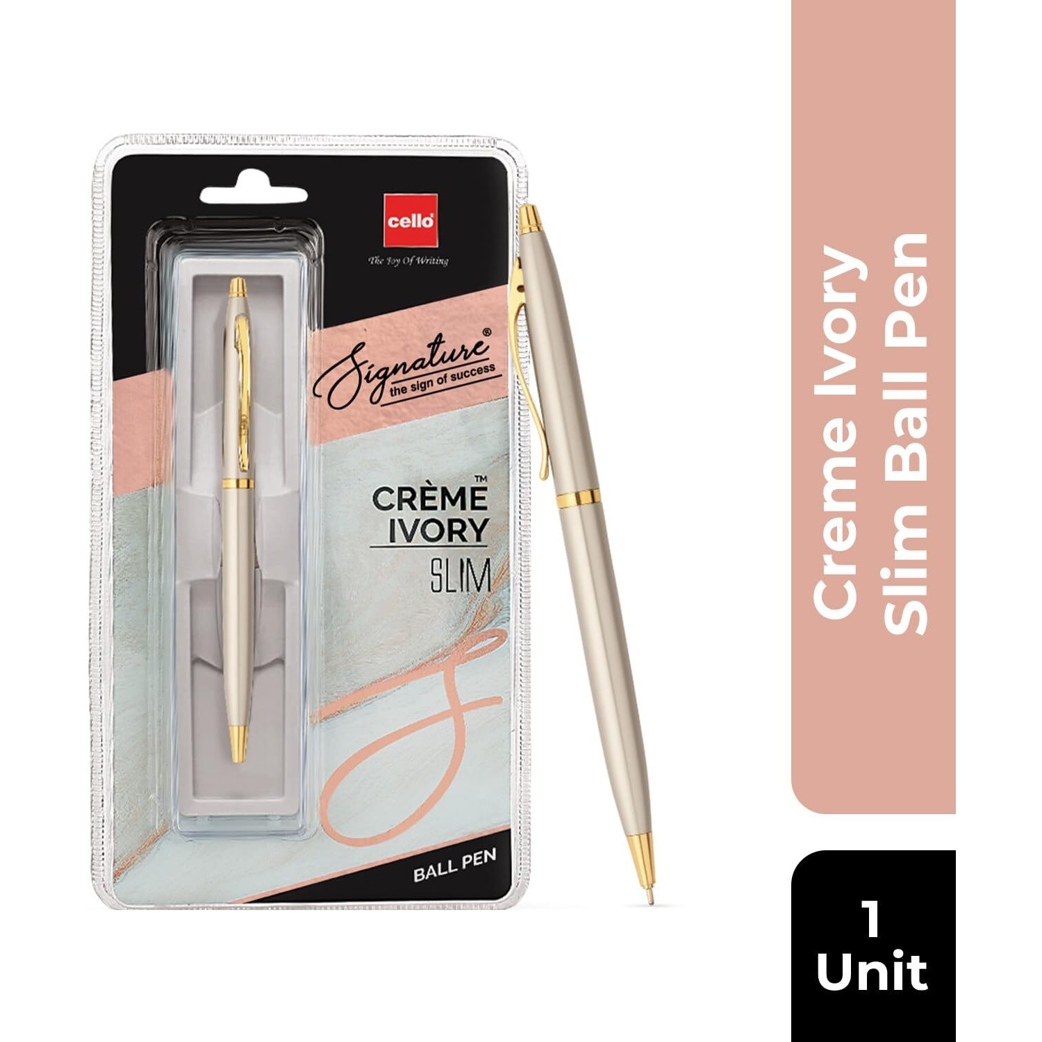 Cello Signature Crme Ivory Slim Ball Pen|Blue Ink|1 Ball Pen|Ivory and Gold Finish|Premium Metal Pens for Office Use|Stylish Gifts for Men & Women|Best Diwali Gift|Corporate Gifting
