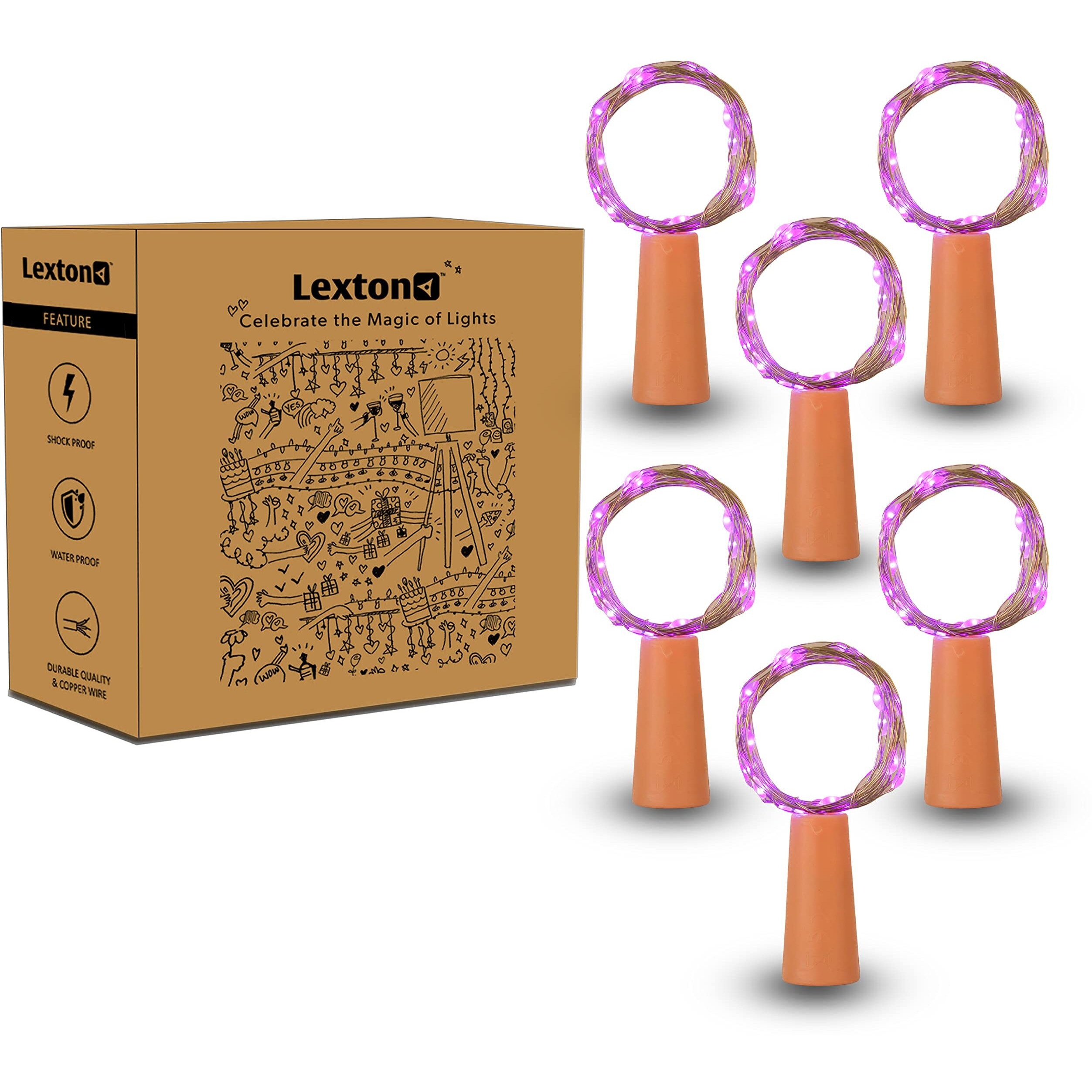 Lexton Cork Light | Bottle Light | Purple Copper String Light | Cork String Light | 6 Pieces | for Valentines day, Room dcor, Birthdays, Party,Diwali