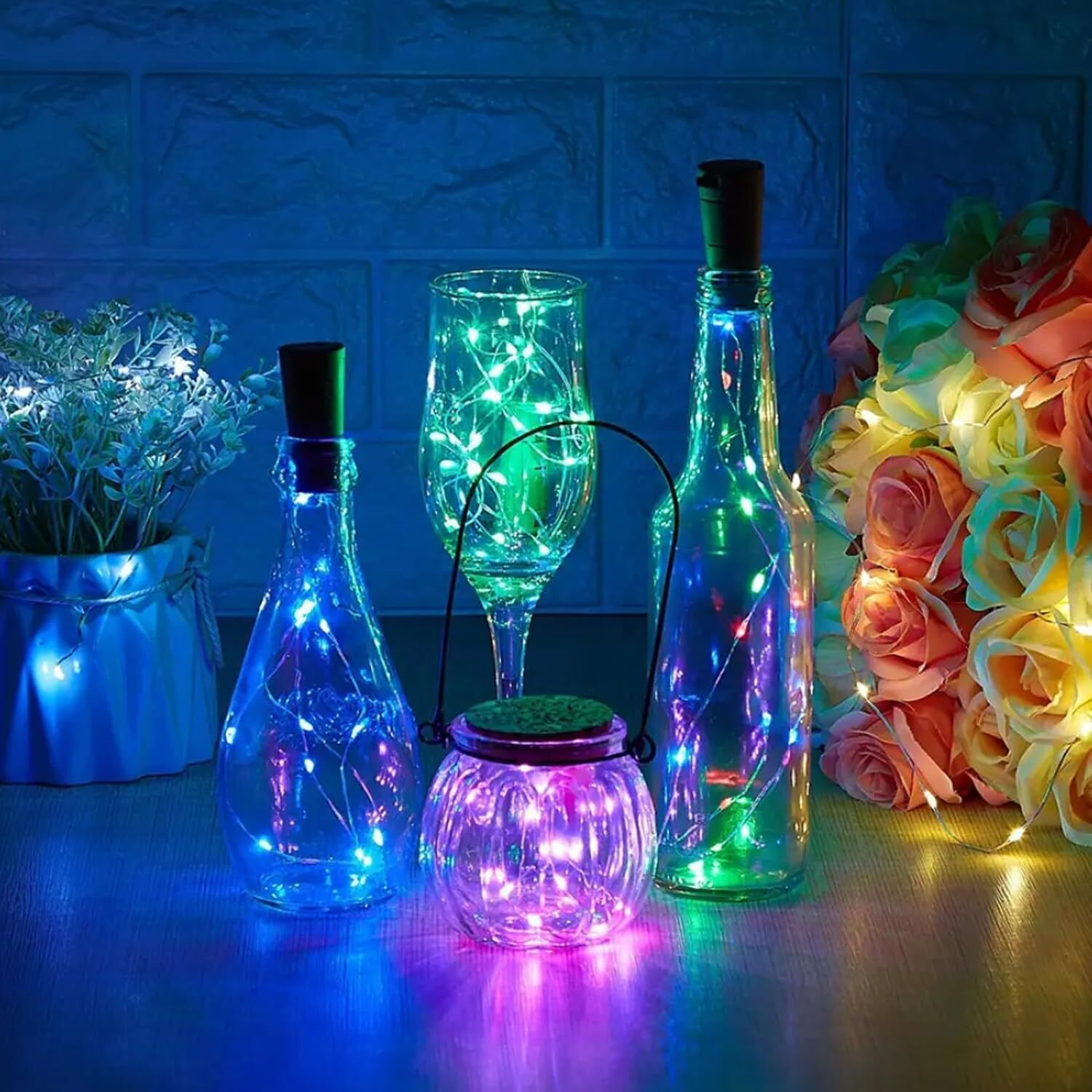 Lexton Decorative Wine Bottle Cork Light | 20 LED, Battery Powered, 2 Meter Long, IP65 Protection |Copper Light Suitable for Home Decor, Outdoor Decorations, Diwali (Pack of 4, Multicolor)