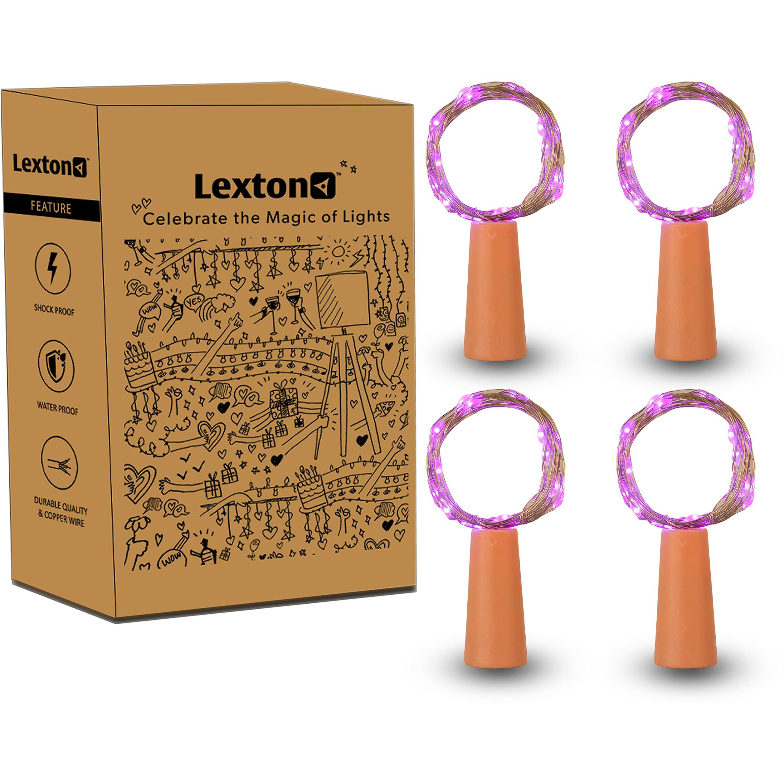 Lexton Cork Light | Bottle Light | Purple Copper String Light | Cork String Light | 4 Pieces | for Valentines day, Room dcor, Birthdays, Party,Diwali