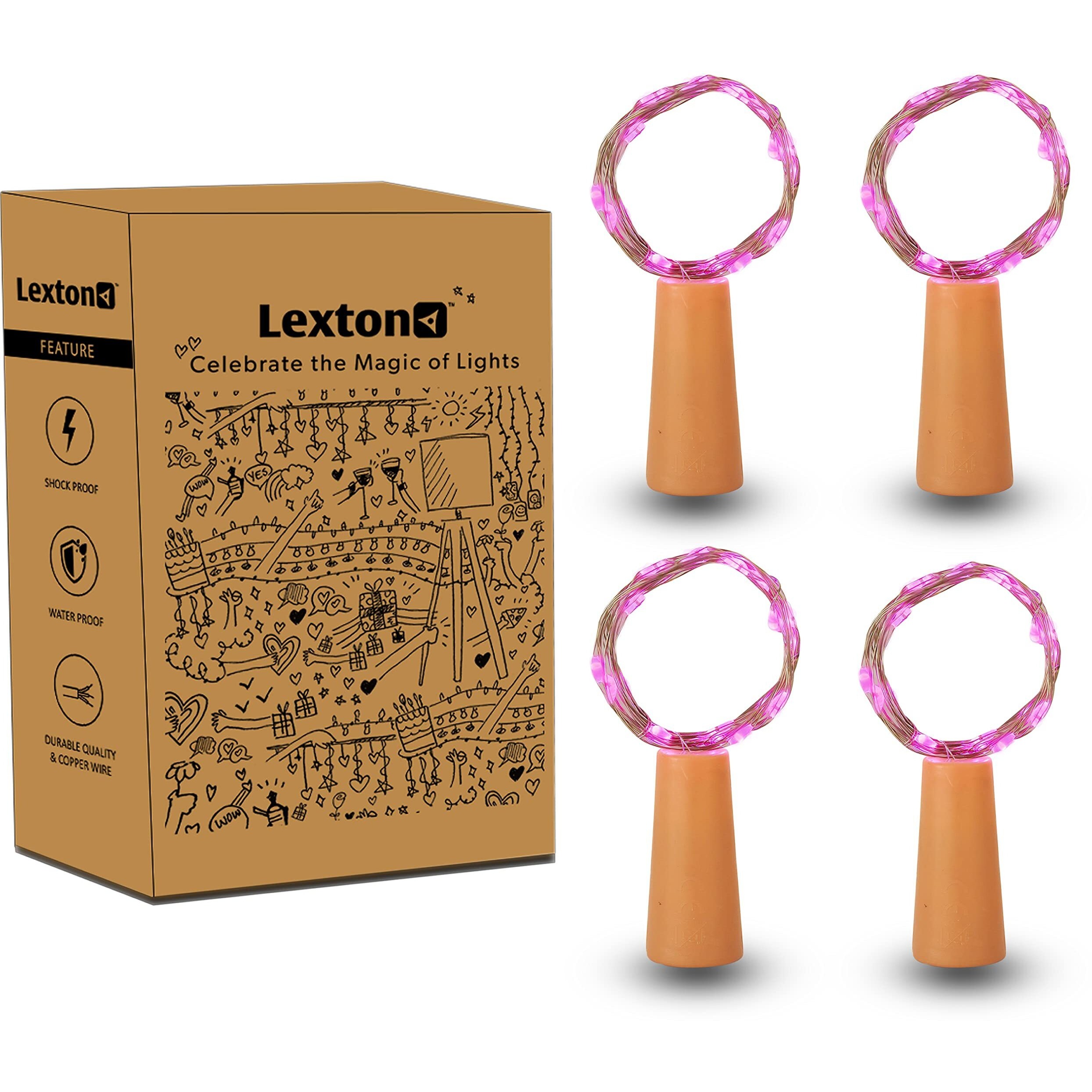 Lexton Cork Light | Bottle Light | Pink Copper String Light | Cork String Light | 4 Pieces | for Valentines Day, Room dcor, Birthdays, Party,Diwali