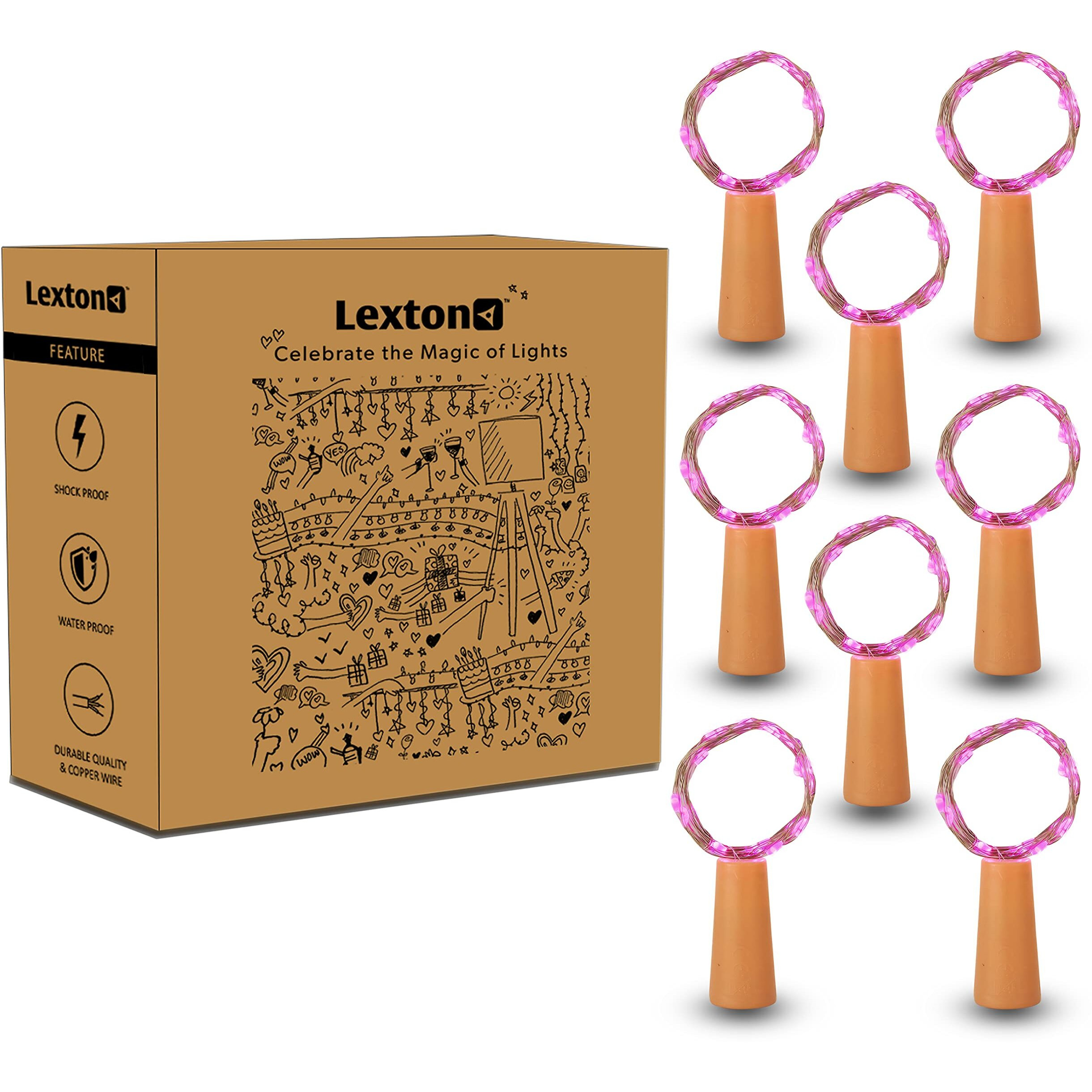 Lexton Cork Light | Bottle Light | Pink Copper String Light | Cork String Light | 8 Pieces | for Valentines Day, Room dcor, Birthdays, Party,Diwali