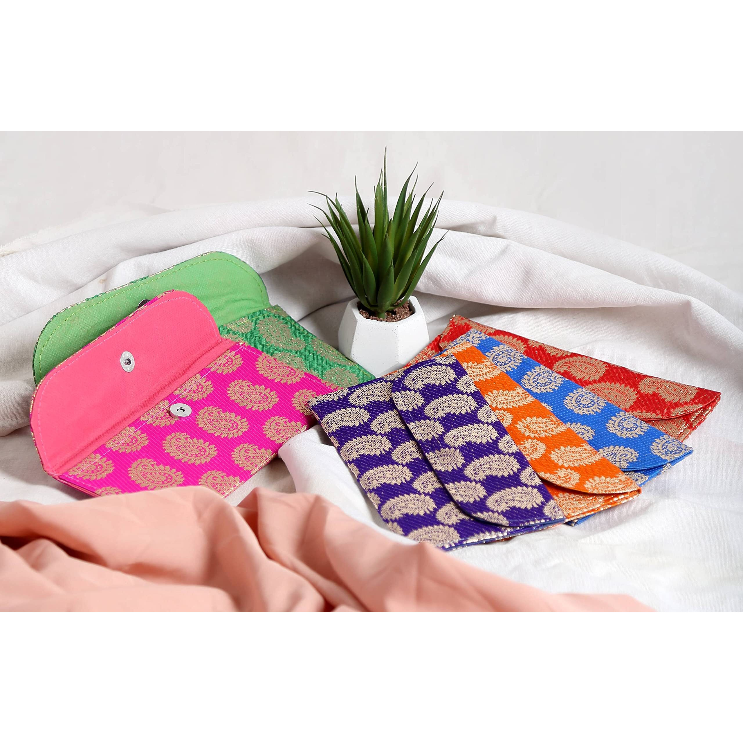 SATYAM KRAFT 6 Pcs Brocade Handmade Shagun Money Envelopes Lifafa Cover of Different Color, for Occasions Like Birthday, Anniversary,Diwali, New Year, All Festivals (6 Pieces, Multicolor)