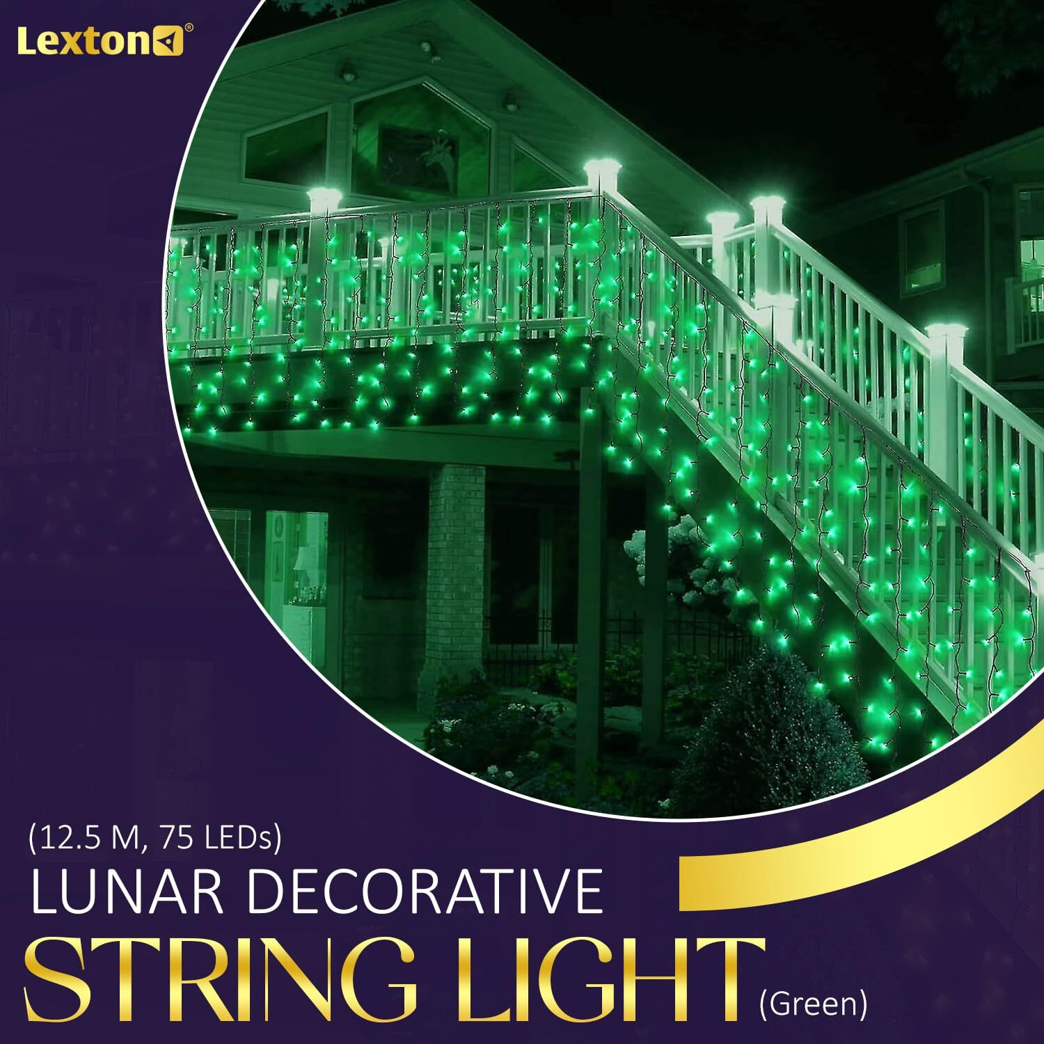 Lexton Lunar Decorative String Light/Fairy Light | 12.5 Meter, 75 LEDs | Plug Sourced | Suitable for Home & Outdoor Decoration, Diwali, Christmas, Wedding, Party, Lawn (Pack of 1, Green)