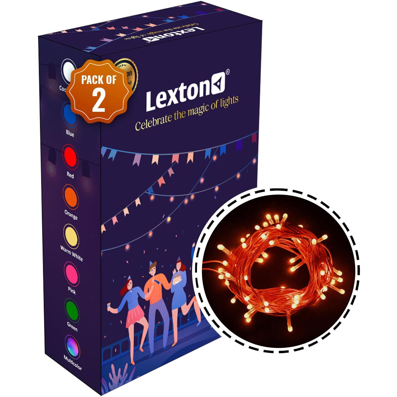 Lexton Lunar Decorative String Light/Fairy Light | 12.5 Meter, 75 LEDs | Plug Sourced | Suitable for Home & Outdoor Decoration, Diwali, Christmas, Wedding, Party, Lawn (Pack of 2, Orange)