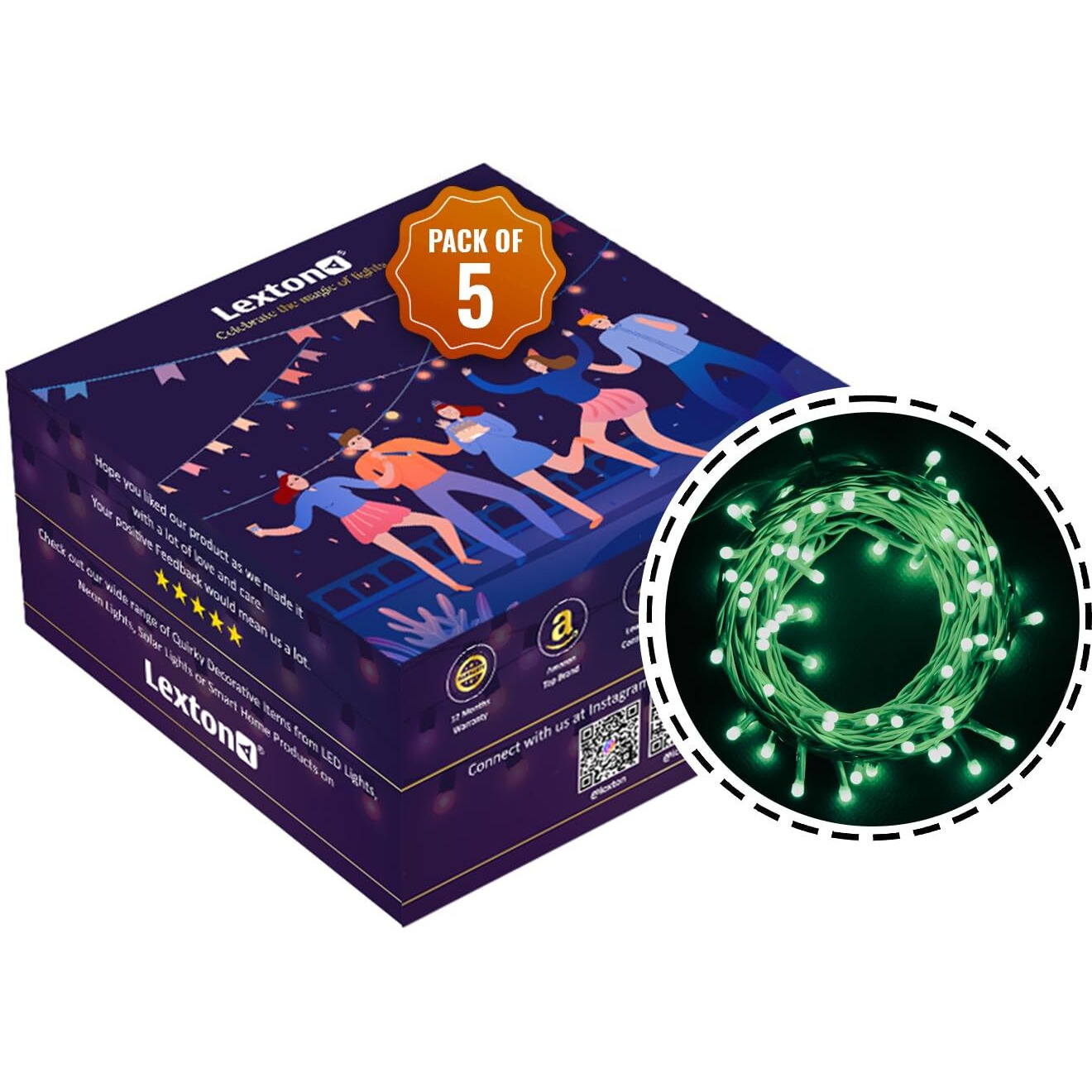 Lexton Lunar Decorative String Light/Fairy Light | 12.5 Meter, 75 LEDs | Plug Sourced | Suitable for Home & Outdoor Decoration, Diwali, Christmas, Wedding, Party, Lawn (Pack of 5, Green)
