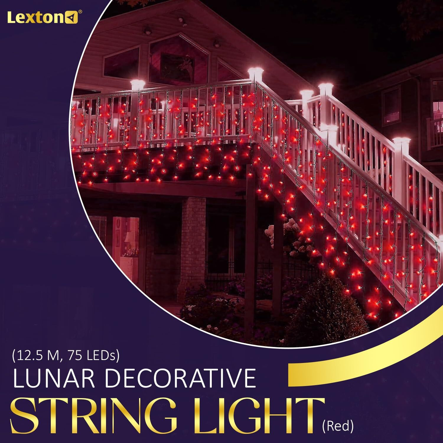 Lexton Lunar Decorative String Light/Fairy Light | 12.5 Meter, 75 LEDs | Plug Sourced | Suitable for Home & Outdoor Decoration, Diwali, Christmas, Wedding, Party, Lawn (Pack of 1, Red)