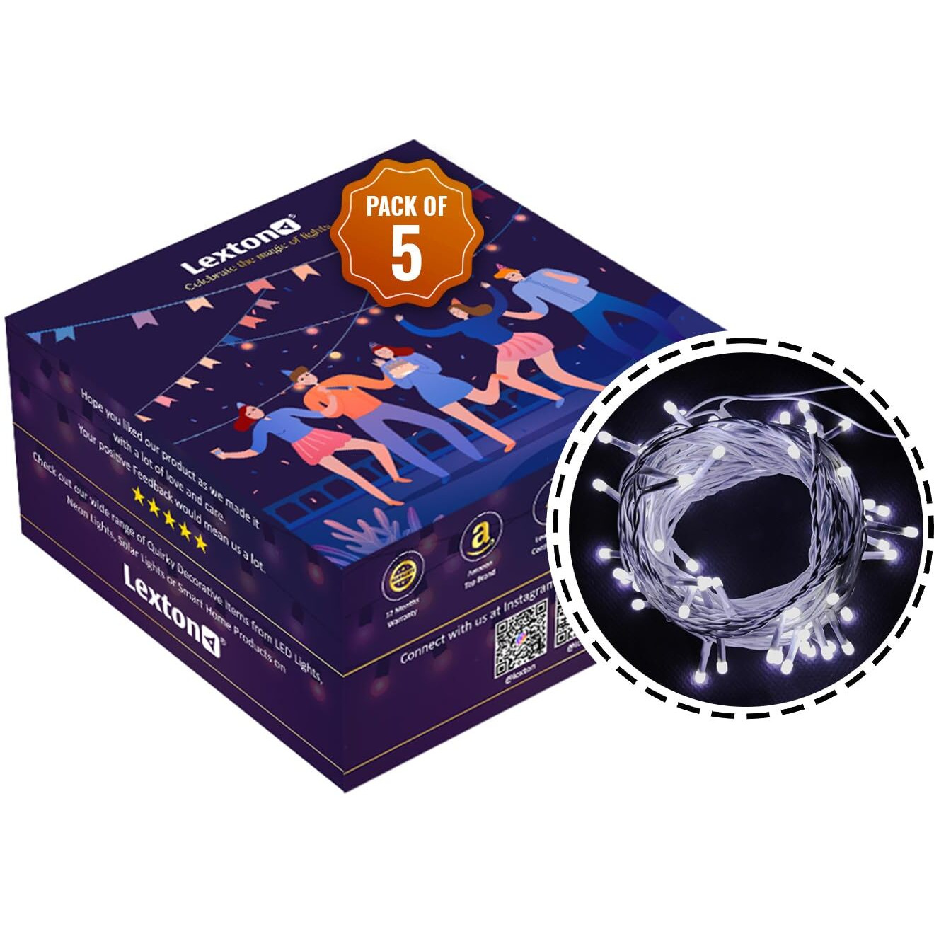 Lexton Lunar Decorative String Light/Fairy Light | 12.5 Meter, 75 LEDs | Plug Sourced | Suitable for Home & Outdoor Decoration, Diwali, Christmas, Wedding, Party, Lawn (Pack of 5, White)