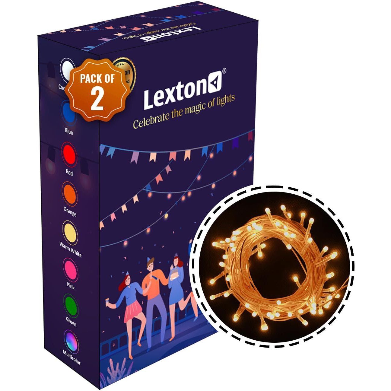 Lexton Lunar Decorative String Light/Fairy Light | 12.5 Meter, 75 LEDs | Plug Sourced | Suitable for Home & Outdoor Decoration, Diwali, Christmas, Wedding, Party, Lawn (Pack of 2, Yellow)