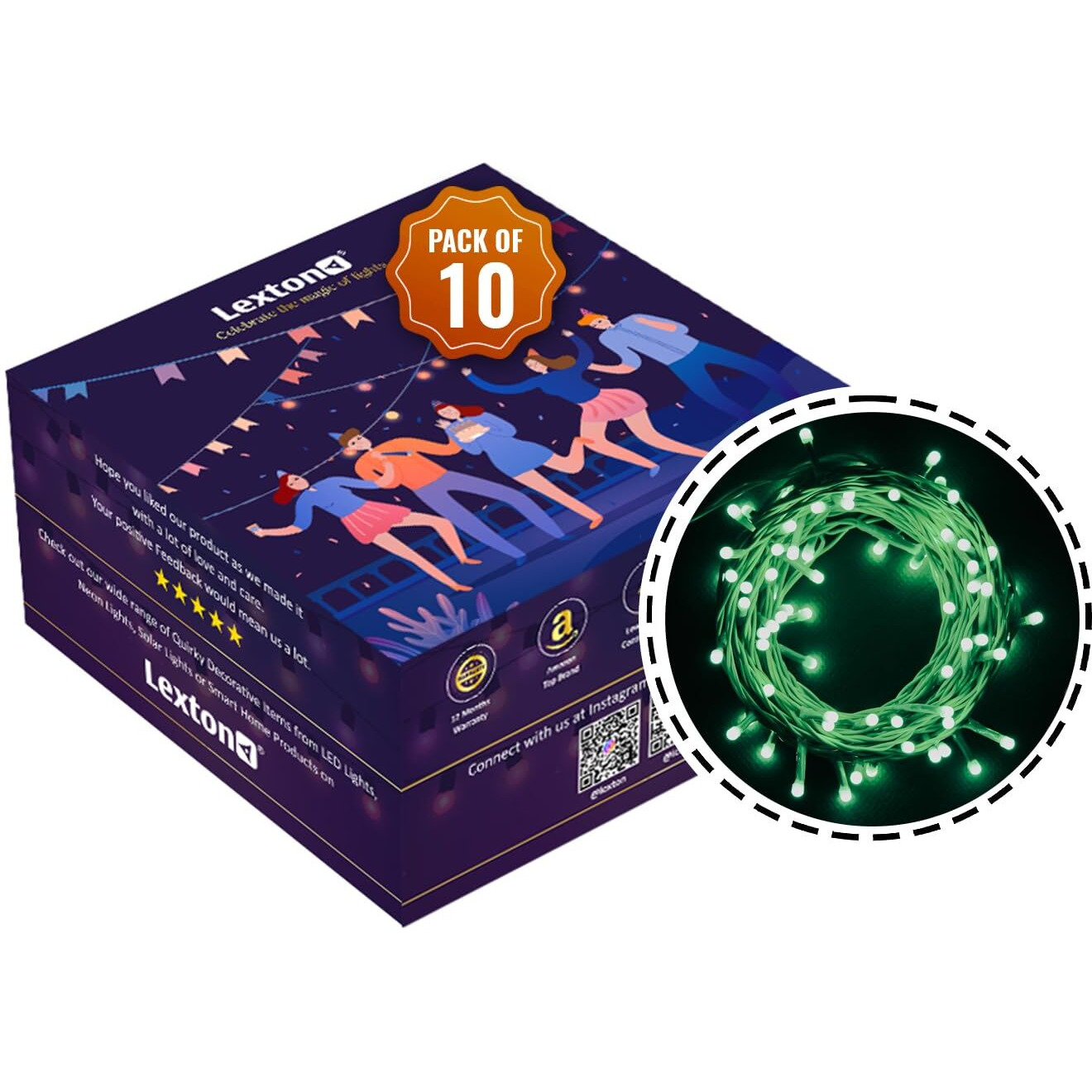 Lexton Lunar Decorative String Light/Fairy Light | 12.5 Meter, 75 LEDs | Plug Sourced | Suitable for Home & Outdoor Decoration, Diwali, Christmas, Wedding, Party, Lawn (Pack of 10, Green)