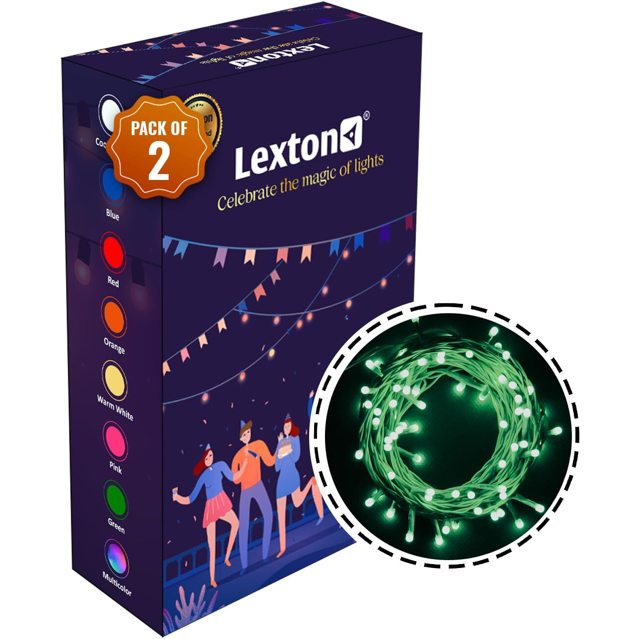 Lexton Lunar Decorative String Light/Fairy Light | 12.5 Meter, 75 LEDs | Plug Sourced | Suitable for Home & Outdoor Decoration, Diwali, Christmas, Wedding, Party, Lawn (Pack of 2, Green)