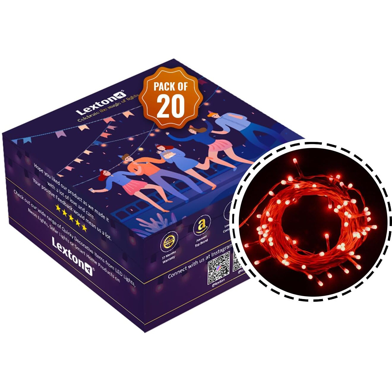 Lexton Lunar Decorative String Light/Fairy Light | 12.5 Meter, 75 LEDs | Plug Sourced | Suitable for Home & Outdoor Decoration, Diwali, Christmas, Wedding, Party, Lawn (Pack of 20, Red)