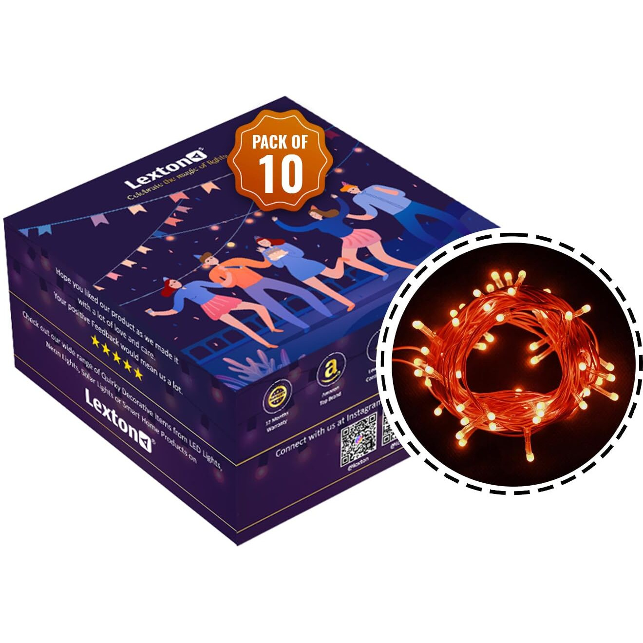 Lexton Lunar Decorative String Light/Fairy Light | 12.5 Meter, 75 LEDs | Plug Sourced | Suitable for Home & Outdoor Decoration, Diwali, Christmas, Wedding, Party, Lawn (Pack of 10, Orange)