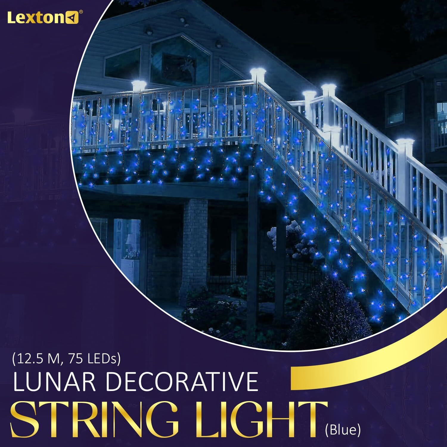 Lexton Lunar Decorative String Light/Fairy Light | 12.5 Meter, 75 LEDs | Plug Sourced | Suitable for Home & Outdoor Decoration, Diwali, Christmas, Wedding, Party, Lawn (Pack of 1, Blue)