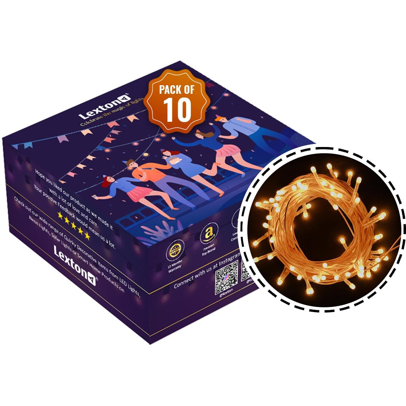 Lexton Lunar Decorative String Light/Fairy Light | 12.5 Meter, 75 LEDs | Plug Sourced | Suitable for Home & Outdoor Decoration, Diwali, Christmas, Wedding, Party, Lawn (Pack of 10, Yellow)