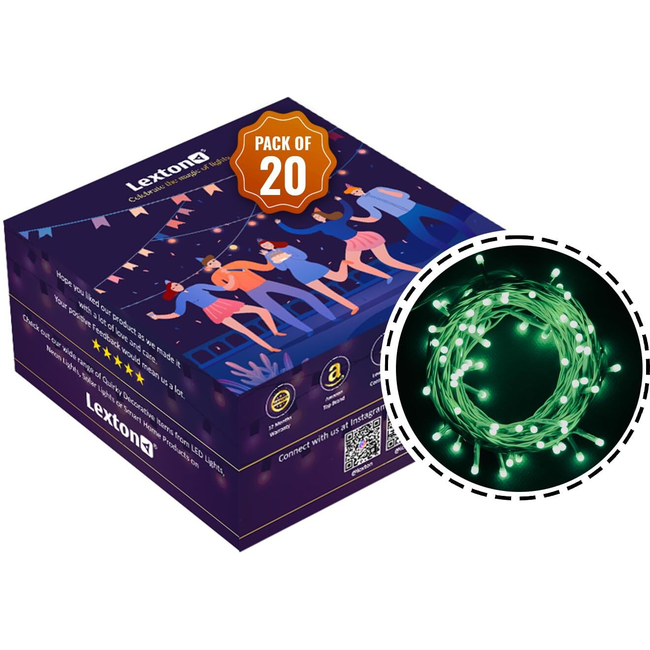 Lexton Lunar Decorative String Light/Fairy Light | 12.5 Meter, 75 LEDs | Plug Sourced | Suitable for Home & Outdoor Decoration, Diwali, Christmas, Wedding, Party, Lawn (Pack of 20, Green)