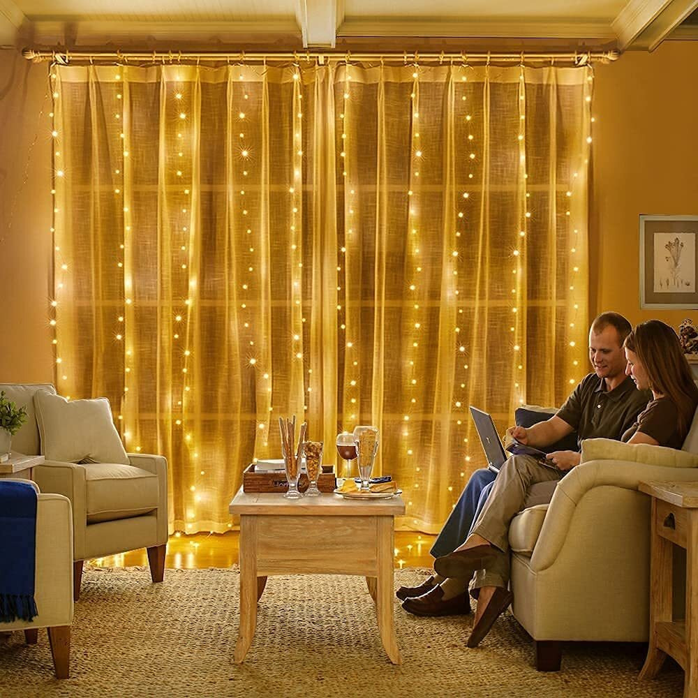 Lexton Curtain Lights 300 LEDs 10 Fairy Light 3Mtr, 8 Modes. Indoor/Outdoor Decoration for Diwali, Christmas, Wedding, Party, Home with Remote and USB Power Supply (Warm White, Pack of 1)