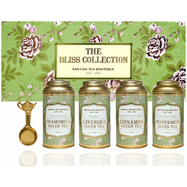 SAN-CHA Tea Boutique, The Bliss Collection, Tea Gift Box, Tea Assortment, Lavender Tea, Chamomile Tea Cinnamon & Peppermint Green Tea, 200Gm Teabag Gifting, Gift For Diwali